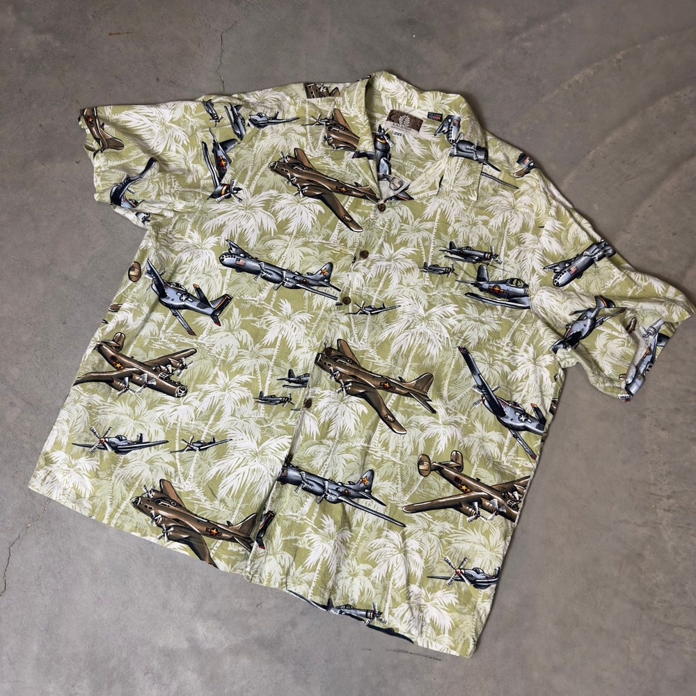 Vintage Kalaheo Hawaiian Shirt Mens 2XL Green Aviation Military Planes Aloha USA